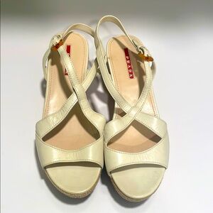 Prada Cream Leather Wedge Sandals with Minimalist Design